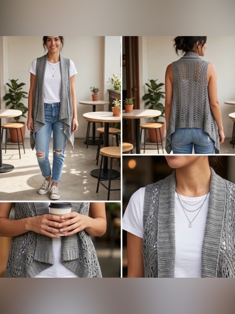 Womens Open Knit Cardigan Vest S Gray Sleeveless Waterfall Draped Boho Layering